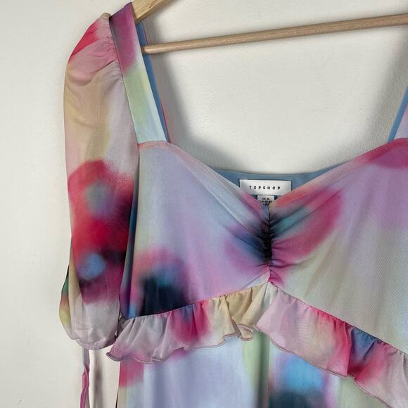 Topshop Spray Paint Floral Mini Tea Dress in Blue Purple Multi Size Medium 8-10 - Picture 6 of 8